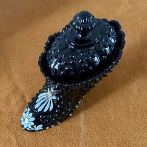 RARE Fenton Black Glass Boot with Floral Design